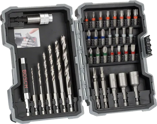 Conjunto de 35 brocas e pontas de parafusadeira HSS Bosch Extra Hard.